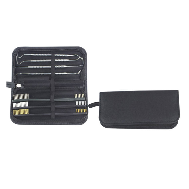 Pistola garbitzeko kit 3 eskuila erabilgarri eta 4 kako/hautaketa herdoilgaitzezko